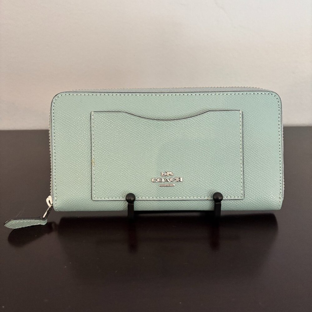 Coach Light Blue Crossgrain Leather Zip Around Accordion Wallet